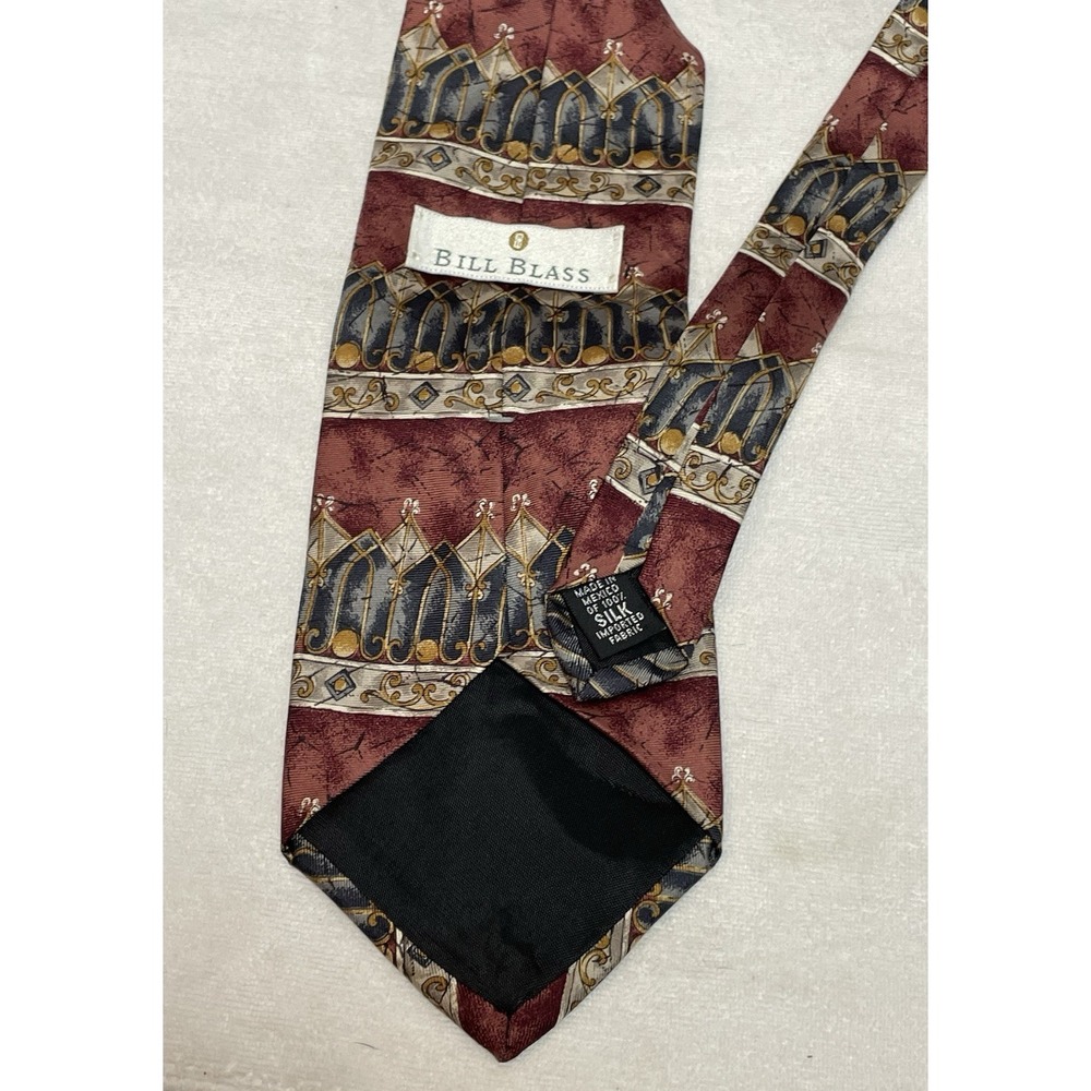 Vintage Bill Blass Silk Tie Filigree Blue Gold Burgundy Horizontal Geometric